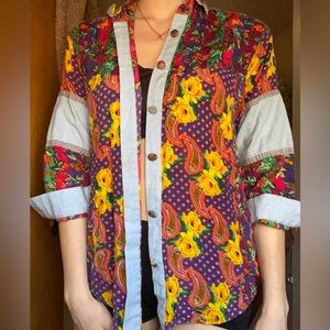Vintage button up floral print/jean long sleeve